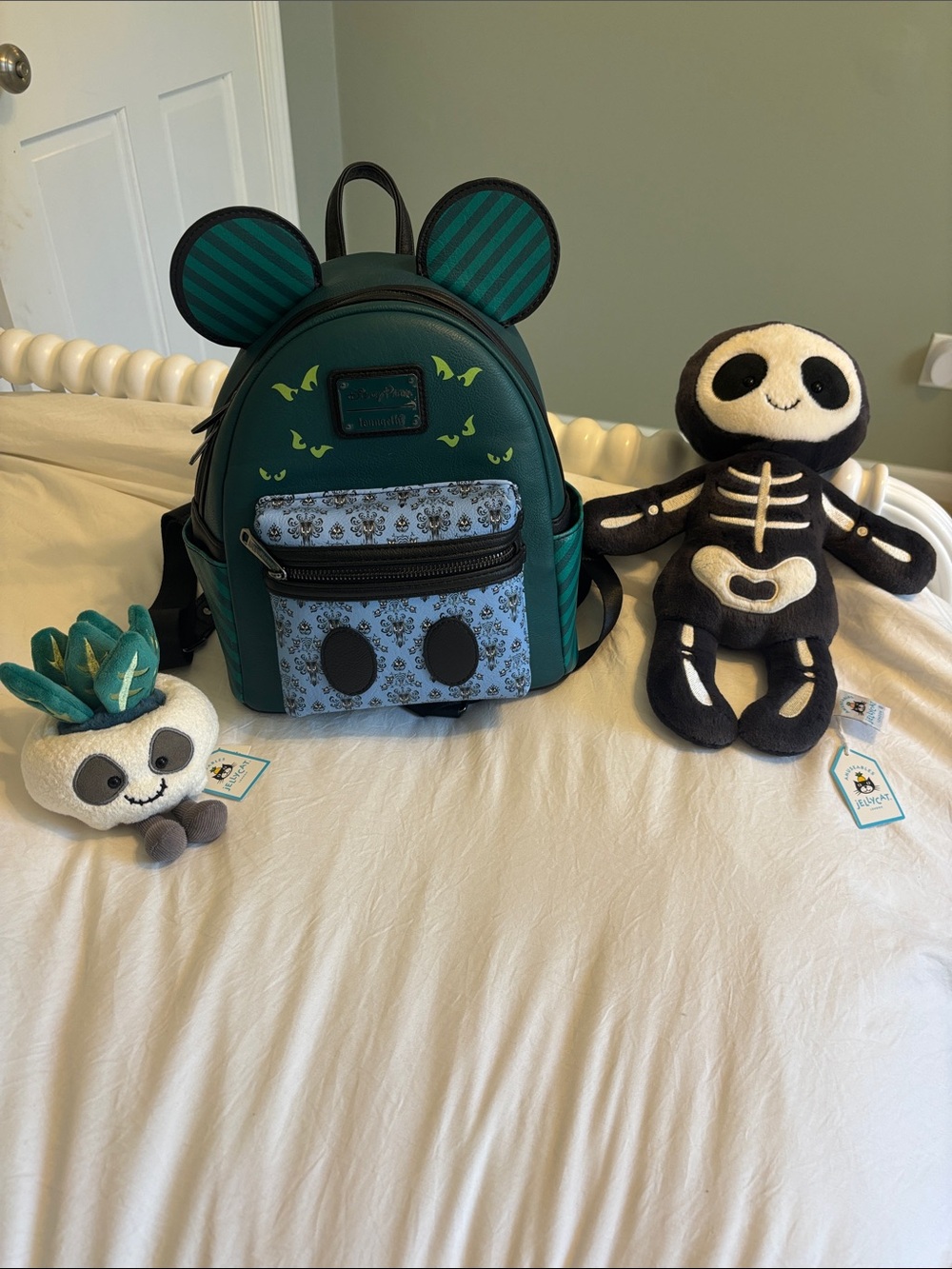 Disney Parks Loungefly glow in dark Haunted Mansion backpack with two Jellycats